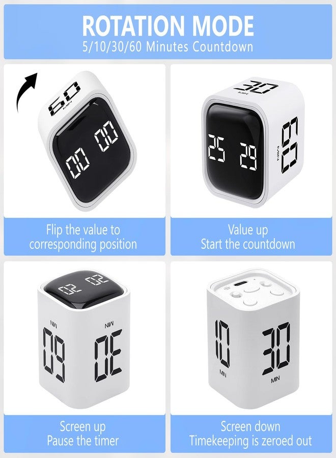 Foyucool Cube Timer, Rotation Time Timer for Adults, 5-10-30-60 Minutes & Custom Countdown, Vibration & Adjustable Volume Alert, Digital Visual Timer for Classroom Study Office Kitchen Desk, White - Image 2